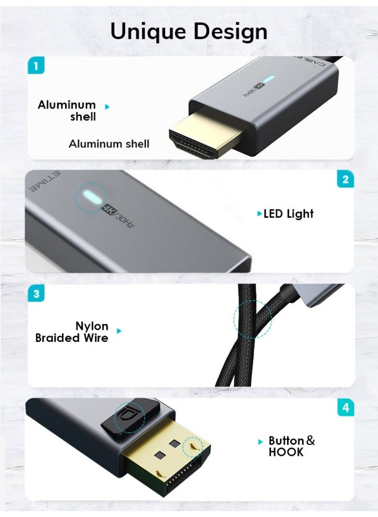 كابل تايم كابل محول من منفذ العرض إلى HDMI بدقة 4K ومعدل تحديث 30 هرتز، ذكر-ذكر، لتوصيل الكمبيوتر الشخصي والكمبيوتر المحمول بالشاشة والتلفزيون وجهاز العرض، يدعم نقل الصوت والفيديو عالي السرعة، سهل الاستخدام، موصلات مطلية بالذهب، أسود - Image 4